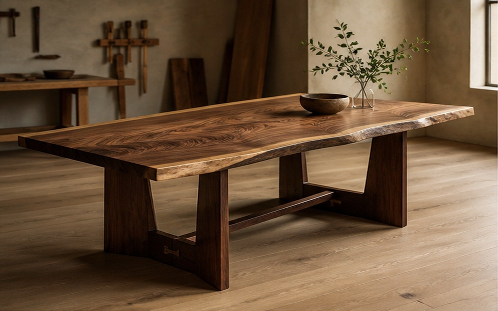 Live-edge walnut dining table in a warm woodworker studio